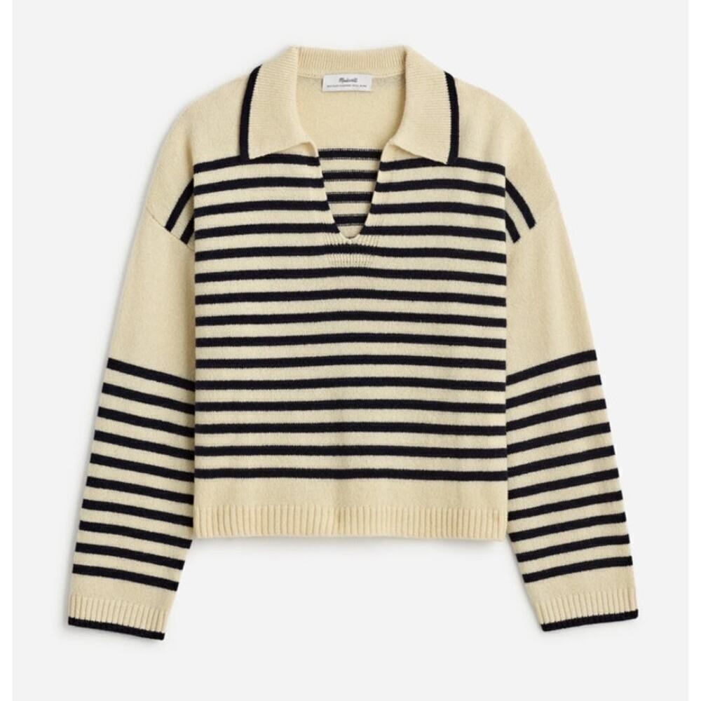 NWT Madewell Cashmere Wool Blend Polo Sweater V Neck in Ink Striped NS669 XXS
